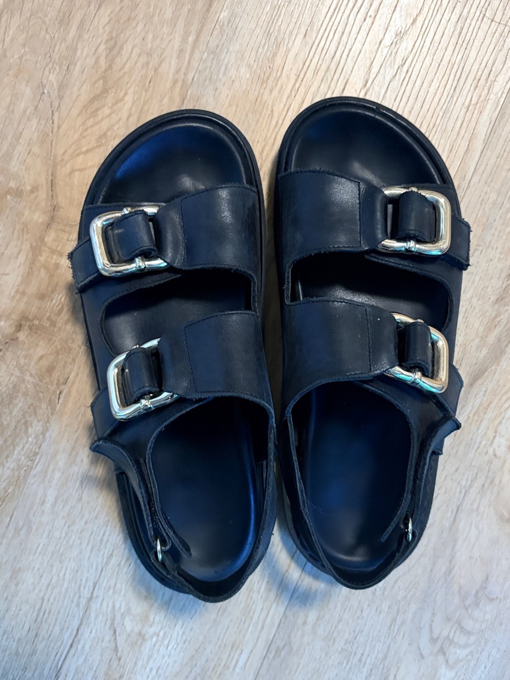 ALOHAS Harper Black Double Buckle Leather Sandals with Gold Hardware